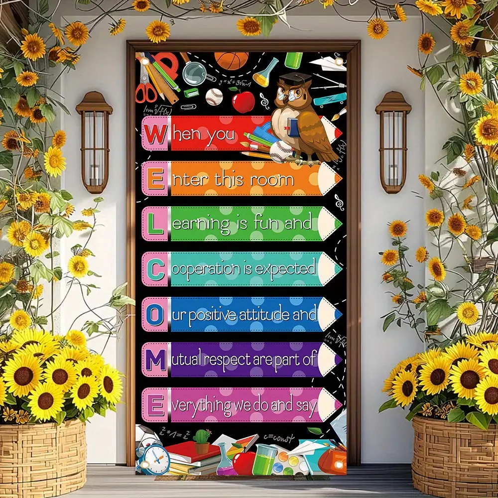 1PC, Welcome Back to School Door Banner, Classroom Rules Chart and Teacher Supplies, Teacher Decor, Colorful Pencil Theme Welcome Backdrop, Polyester Fabric, Reusable and Washable, for Elementary School Kindergarten Photo Booth