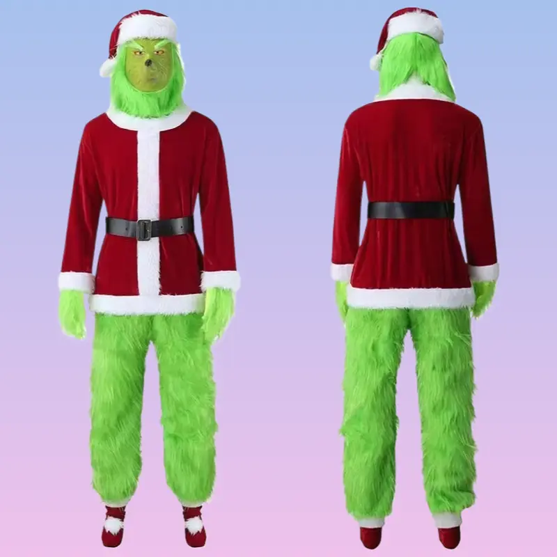 Furry Grinch Cosplay Suit with Santa Outfit Furry Pants Complete Costume Set for Halloween Role Play Party