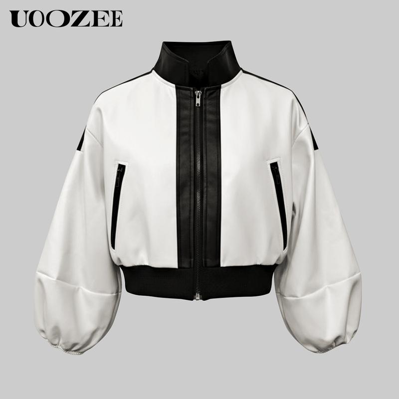 UOOZEE Women's New Fashion Autumn Winter Casual Fit Contrast Color PU Leather with Pockets Stand Collar Y2K Jackets, Puff Sleeves Patchwork Zipper Cropped Short Outerwears Coats