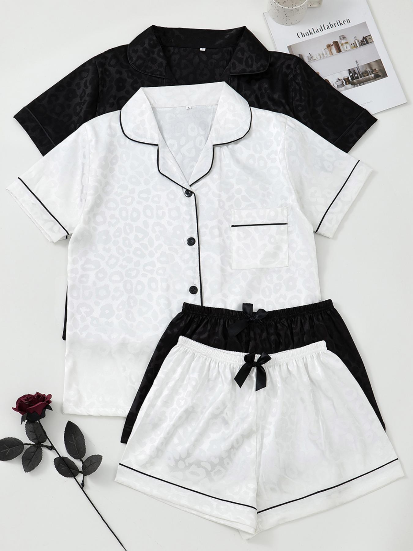 Women's Leopard Print Contrast Trim Lapel Neck Pajama Two-Piece Set, Comfort Loungewear PJ Set, Short Sleeve Button Up Top & Shorts PJ Set, Casual Sleepwear Set for Women