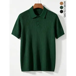Textured ribbed knit short sleeve polo tee featuring tidy ribbed cuffs and hem, minimalist solid plain design, lightweight skin-friendly fabric versatile piece for smart casual office and streamlined urban mensfashion looks