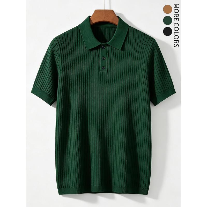Textured ribbed knit short sleeve polo tee featuring tidy ribbed cuffs and hem, minimalist solid plain design, lightweight skin-friendly fabric versatile piece for smart casual office and streamlined urban mensfashion looks