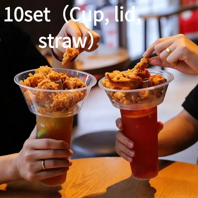 10 Set Snack and Drink Cups, Disposable Plastic Cups with Snack Bowl, 16.91oz Cups and Bowls, Ideal for Parties, Sports Events, Sponsorships, Movie Nights