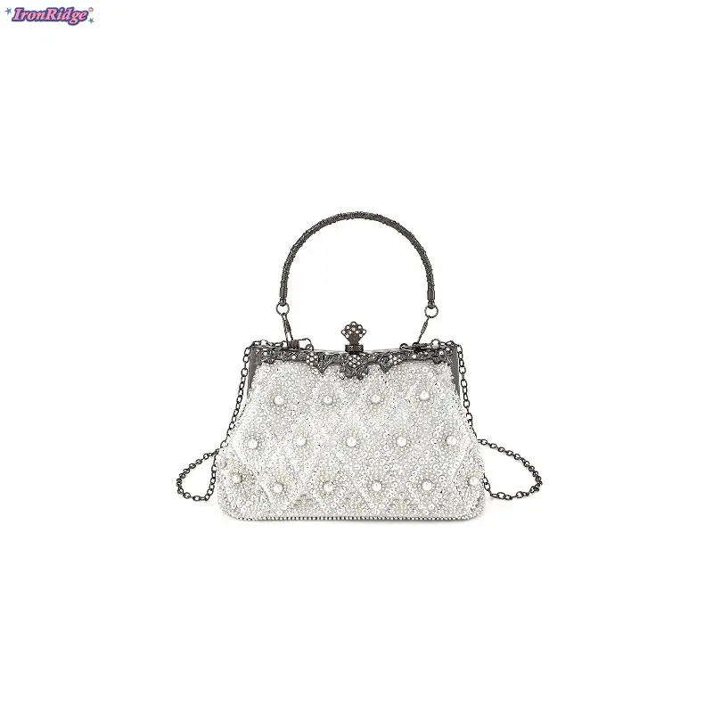 Oriental-Style New Vintage Hand-Beaded Embroidered Compact Clutch Bag, Heavy-Craft Chain Shoulder Purse for Evening Wear, Wedding & Banquet