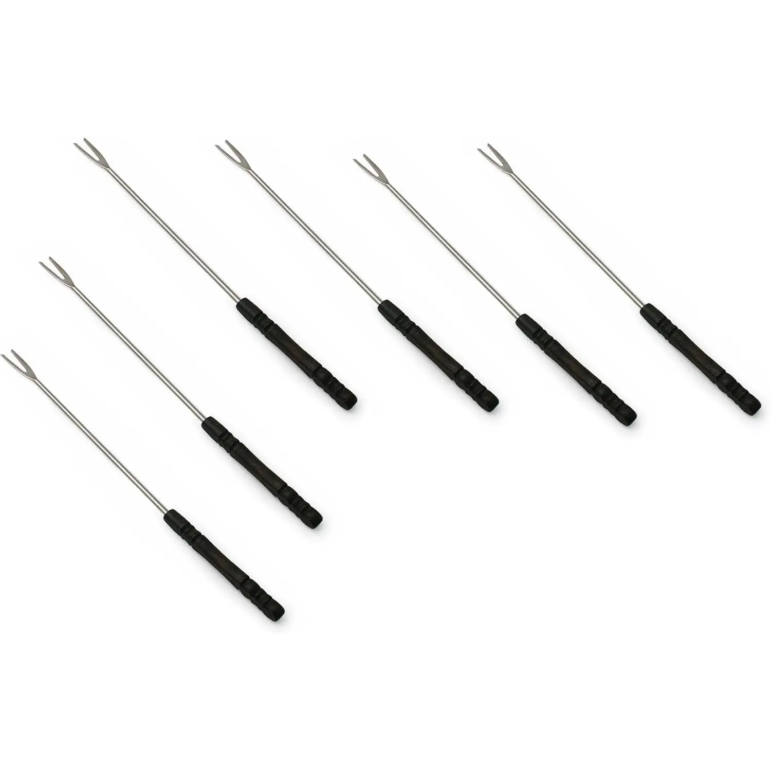 Cheese Fondue Forks – Set of 6 with Dark Wood Numbered Handles – Stainless Steel 3-Tine Curved Tips – Heat Resistant – 10” Long Fondue Forks for Cheese, Bread, & Entertaining