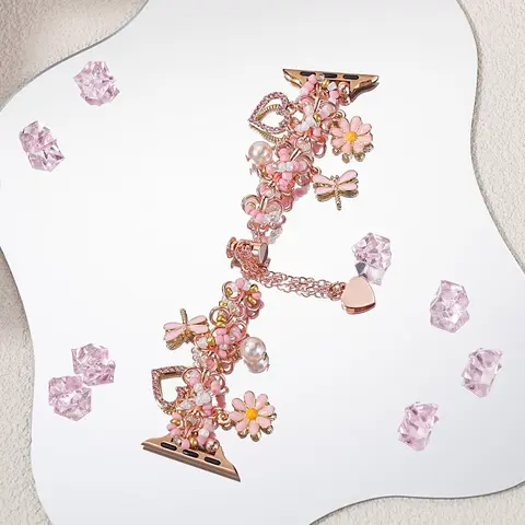 Elegant DIY Smartwatch Band, Stylish Smartwatch Accessories, Adjustable Beaded Strap with Strawberry & Butterfly Design, Compatible with Apple Watch Series 1-11, Perfect Gift (Band Only)