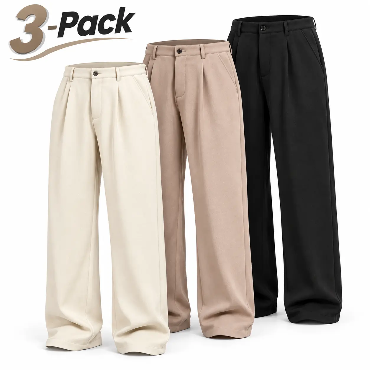 3 Pack Wide Leg Pants for Men and Women, High Waisted Pleated Dress Trousers, Loose Fit Straight Leg Slacks with Pockets, Casual Business Office Work Pants, Minimalist Streetwear, Versatile Everyday Outfit Essentials, Black Beige Cream, Smart Style