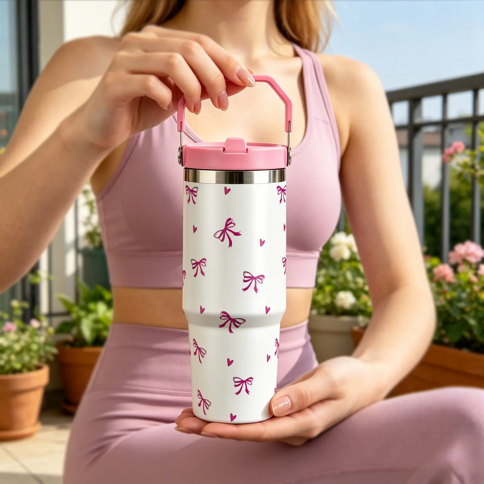 Adorable Bow Heart Pattern 30oz Vacuum Insulated Mug, Food-Grade 304 Stainless Steel, Portable Handle, Flip Lid Straw, Car Cup Holder Friendly, Travel Mugs Insulated For Hot And Cold