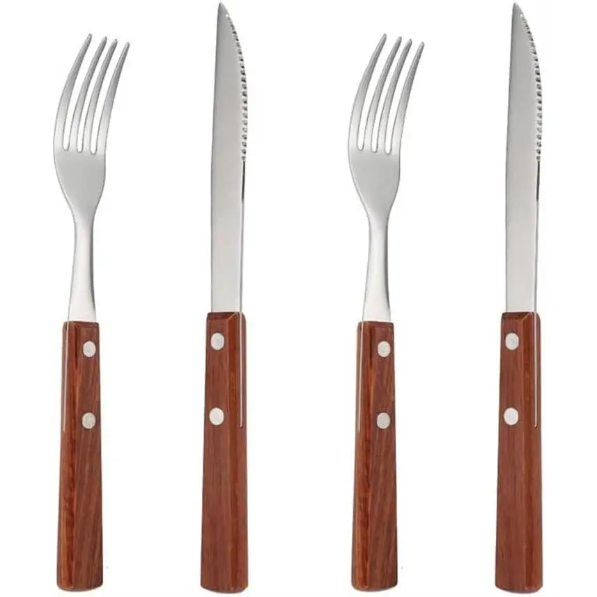 Forks and  Silverware Set 4- Wooden Handle Flatware Set – 2 Dinner Forks & 2 , Rustic Utensil Set for  Kitchen or Outdoor Camping,  Stainless Steel Cutlery Set