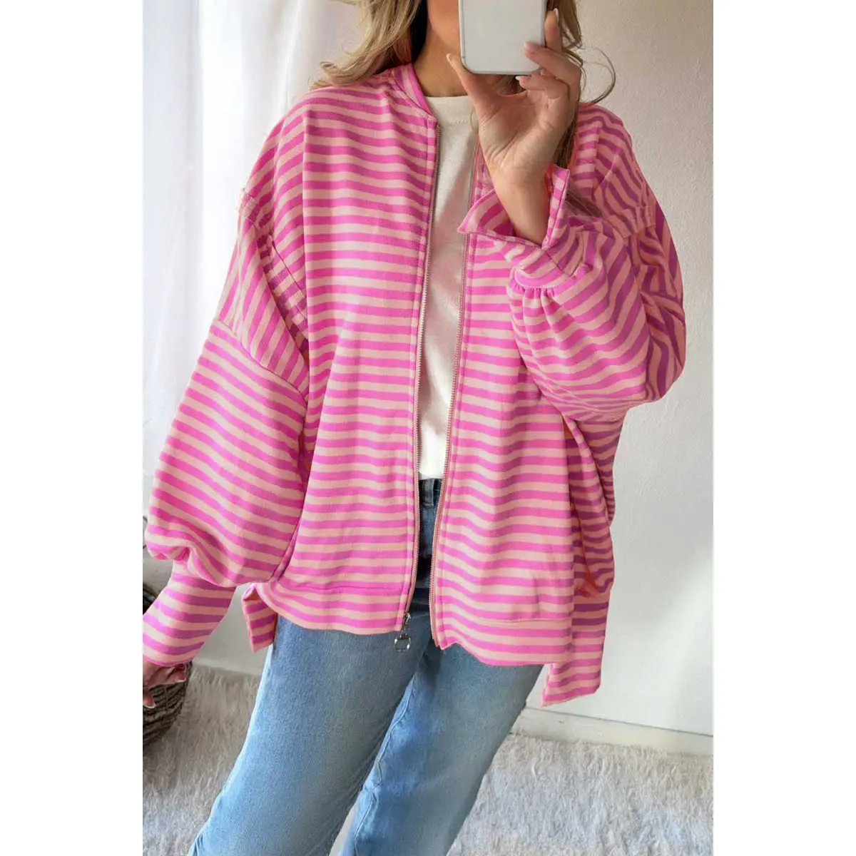 Pink Stripe Zip-up Puff Sleeve Zip Jacket Sweatshirt