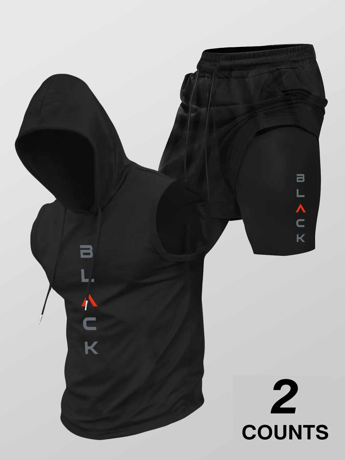 Two-Piece Set Men's Hooded Graphic Tank Top & Shorts Set, Regular Fit Casual Sleeveless Top & Shorts, Men's Clothing Set for Summer Sportswear