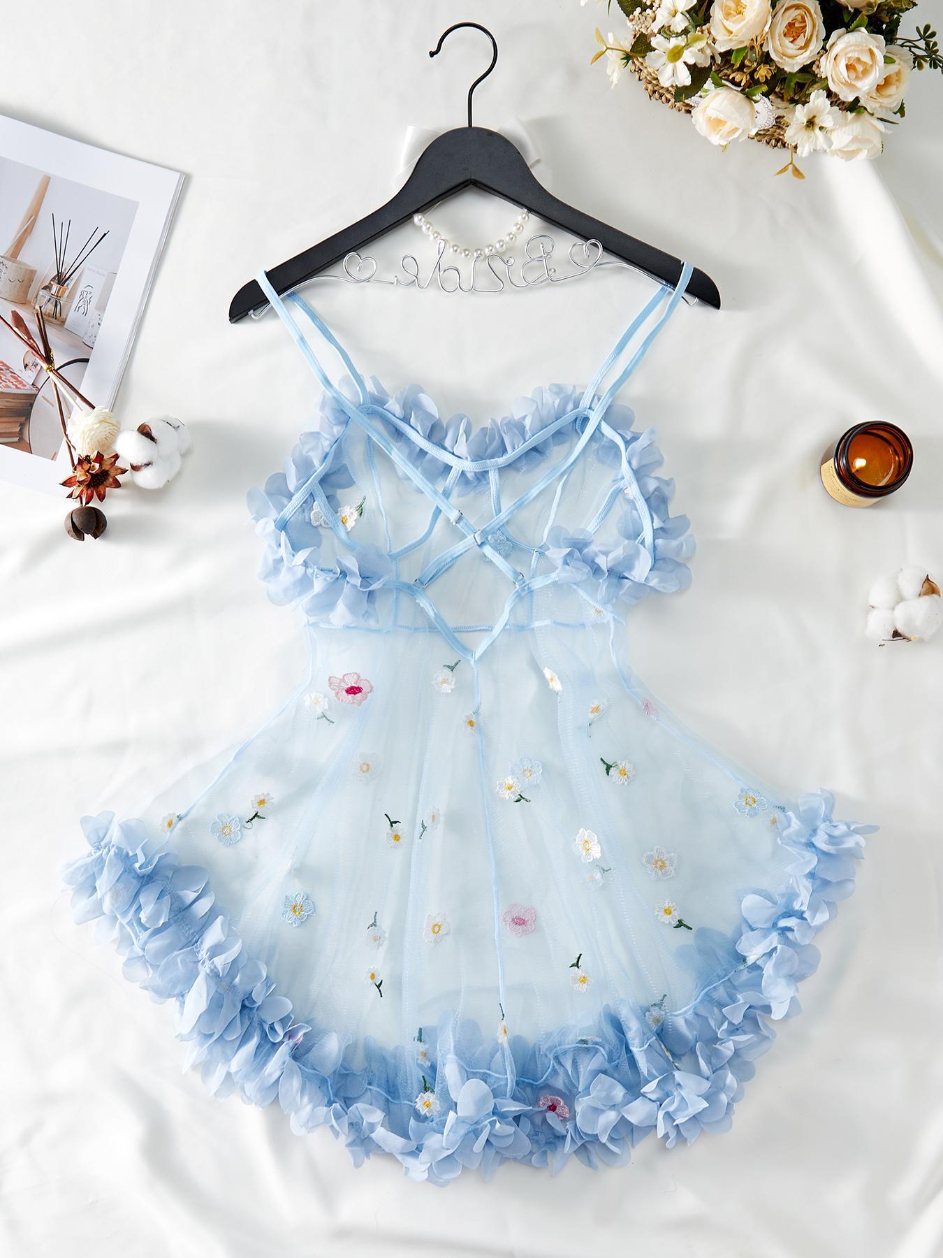 Women's Sexy Cute Feminine Elegance Homecoming Sleepwear Loungewear Dress, Womenswear, V-Neck Backless Design, Spaghetti Strap, Floral Embroidery Ruffle Hem, Adjustable Straps, Semi-Sheer High Stretch Material