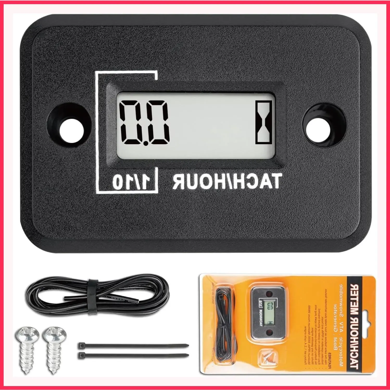 Self-Powered Tach Hour Meter Digital LCD Inductive Tachometer Timing RPM Measuring Waterproof Design for Gas Engine Lawn Mower Motorcycle Snowmobile Generator 2 Stroke Black