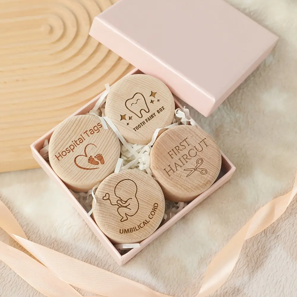 Wooden Baby Memory Keepsake Set of 4, Tooth Fairy, First Haircut, Umbilical Cord & Hospital Wristband Storage Boxes, Comes with Gift Box, Home Decor Ornament, Birthday & Pregnancy Gift for New Parents, Gift Sets