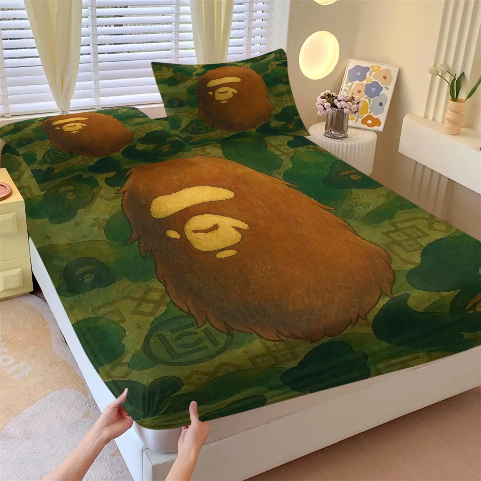 Classic Military Green Abc Camo & Cartoon Ape Fitted Sheet Set, 1 Bed Sheet + 2 Pillowcases, Street Trendy Cool Bedding, Comfortable Deep Pocket Design, Teenage Boys Esprot Players' Bedroom Dorm Decor