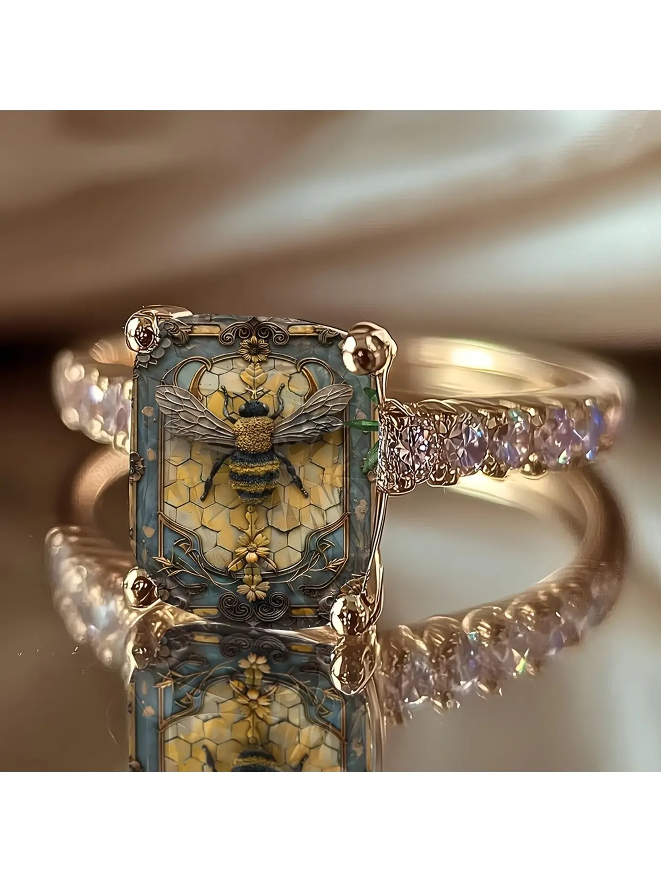 Lady's Retro Honeycomb Bee Square Ring - European Embossed Yellow and Blue Bee Illustration Pattern Jewelry - Rustic, Nature-Inspired, Artistic, Fresh and Daily Gift Decorative Jewelry
