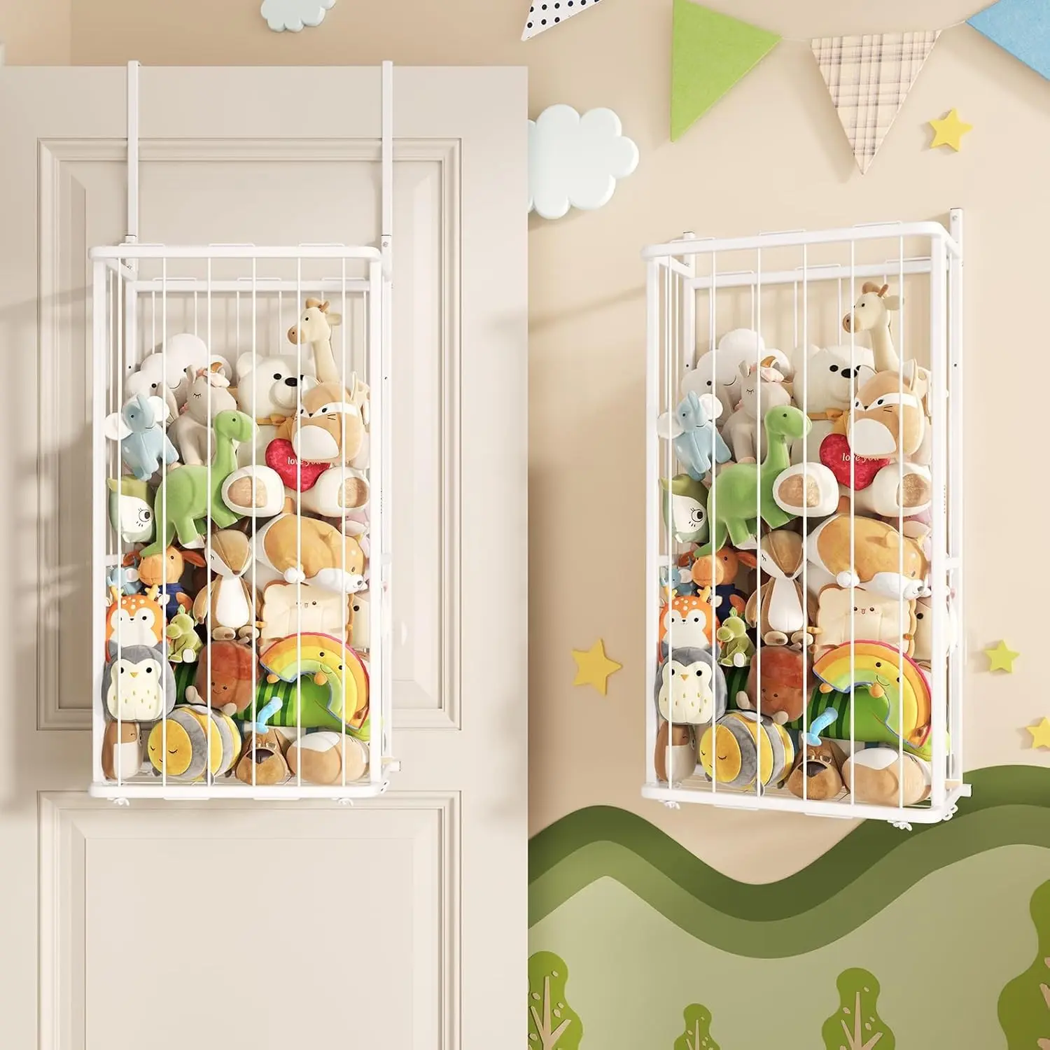 Hanging Stuffed Animal Storage - Over Door Large Plush Toy Organizer, Wall Mounted or Corner Stuffie Storage for Nursery, Doll & Bear Plush Organizer for Kid Room Bedroom (White, 2-Tier)