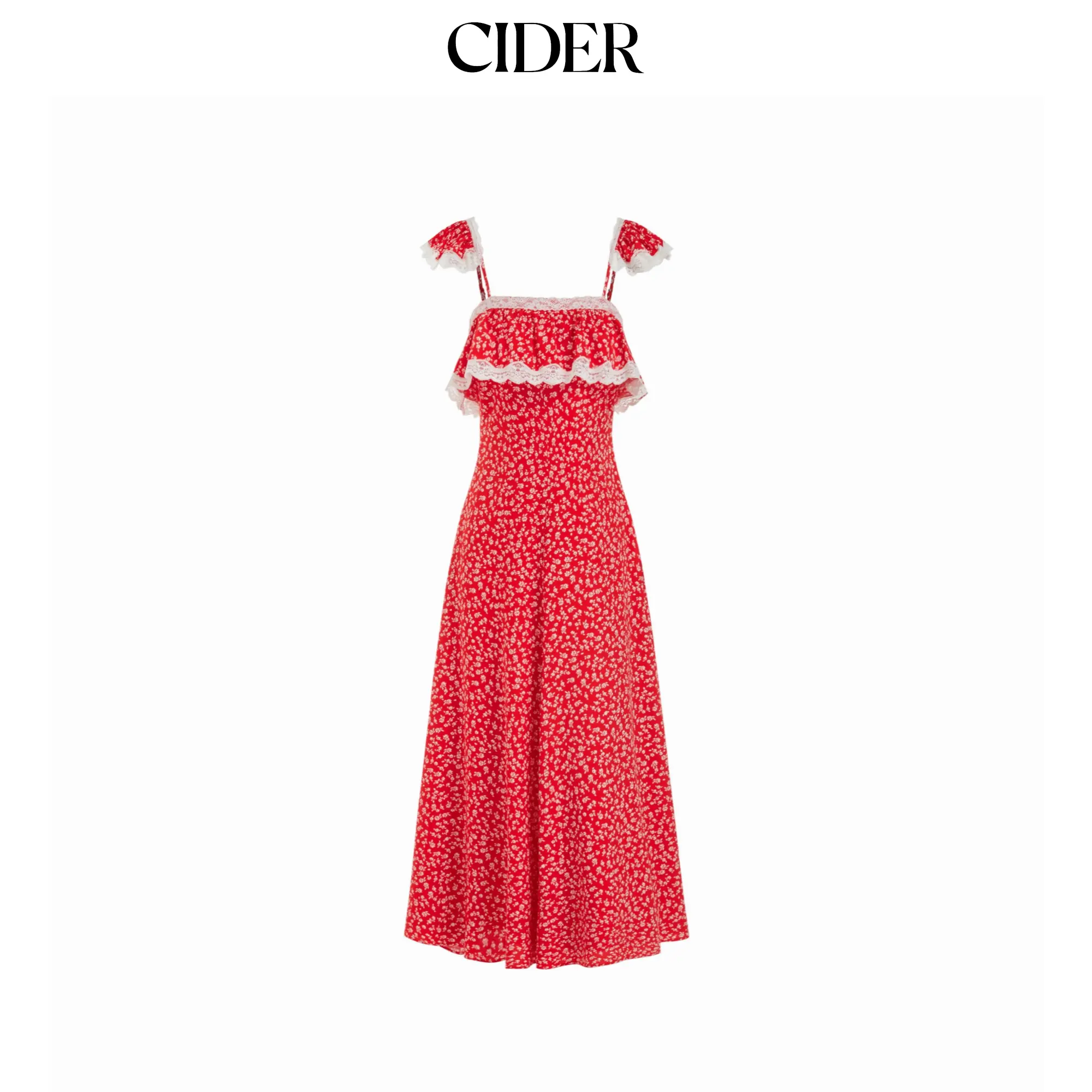 Cider Floral Square Neck Lace Trim Ruffle Babydoll Oversized Maxi Dress SohoChic