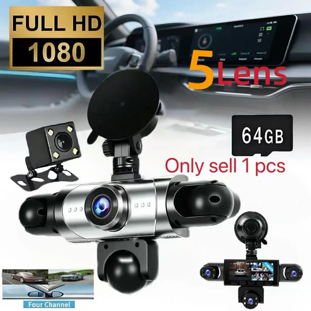 Five-Direction Dash Cam, Front Camera 1080P, Side Rear Cameras 720p, LED Display, Button Control, Rechargeable Battery, Night Vision, Loop Recording, Car Dashcam
