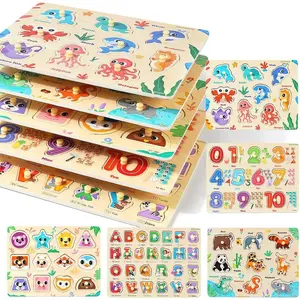 Wooden Puzzles for Toddlers 3 4 5 Years Old, Montessori Toddler Toys 5PCS Peg Puzzles with Knob - Number, Alphabet, Shape, and Animal, Great Christmas Birthday Gifts for Boys Girlsfidget toys