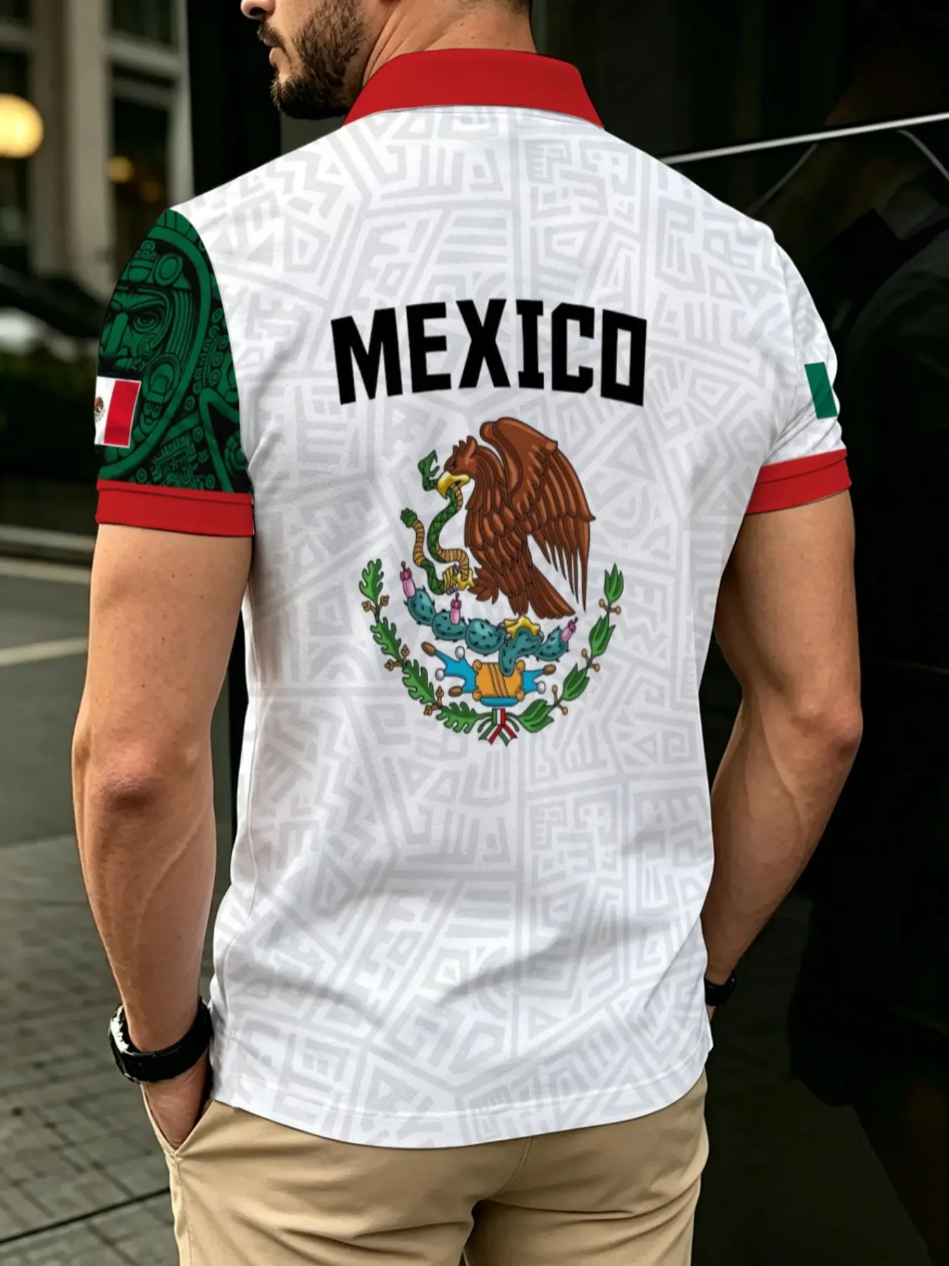 Men's Short Sleeve Collared Polo Shirt, Casual Polo Shirts, Mexican Element Print Casual Sports Top Three-color For Mexican Fans, Menswear