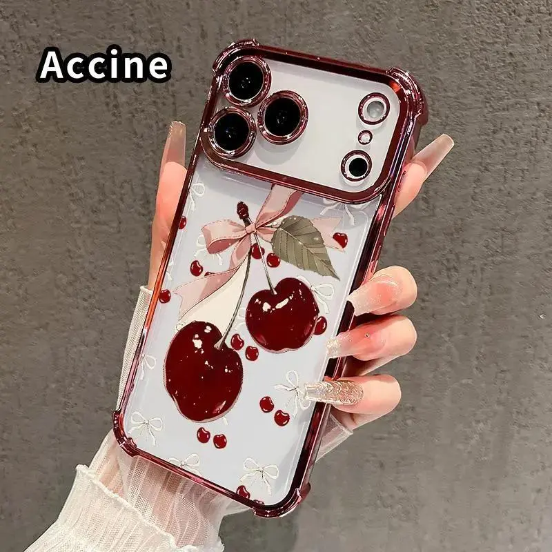 Phone Case for iPhone 18 17 16 Pro Max 15 Plus 14 13 12 11 E Air Cherry Bow Delight Pattern Anti-drop Durable Total Protective Shockproof Transparent Cover Casing