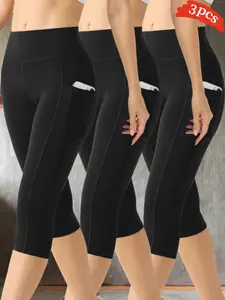 3-Pack Bare-Look Yoga Shorts for Women, Compression Sports Shorts, High-Waisted Tight Fit Butt Lifting Peach Sports Running Fitness Capri Pants