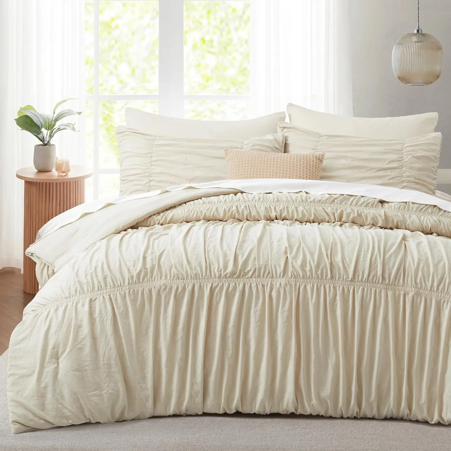 Ruched Comforter Set  Size, 5 count  Comforter with Elastic Design,  Boho Comforter Bedding Sets, Shabby Chic  Rustic Style Bedroom Decor for  Seasons - Beige