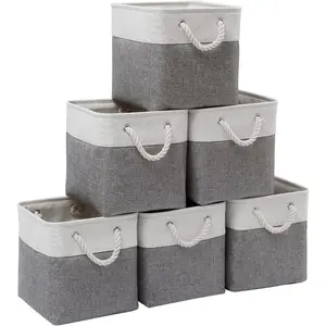 Cube Storage Bins, 6 Pack Collapsible Fabric Storage Cubes, 11 Inch Cube Organizer Bins with Handles (White/Gray)