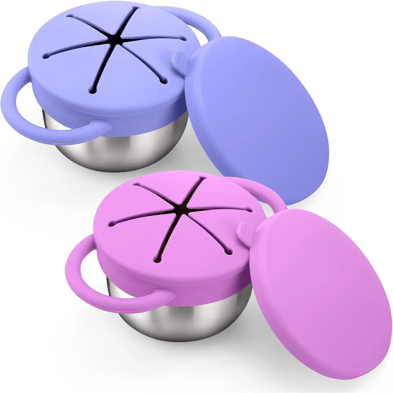2 Pack Stainless Steel Toddler Snack Cups - 9 OZ Spill-Proof Baby Snack Containers with Lid Travel Snack Containers for Kids Food Grade Silicone Dishwasher Safe