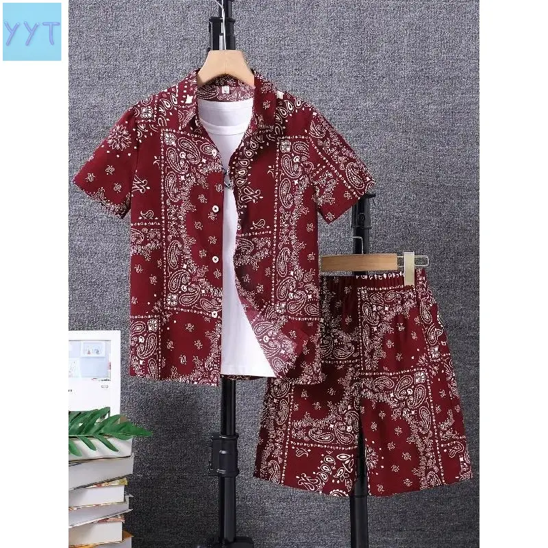 YYT1 Boys' 2-Piece Casual Polyester Nutshell Random Print Short Sleeve Shirt & Shorts Set - Loose Fit, Slight Stretch, Applique, Outdoor Wear