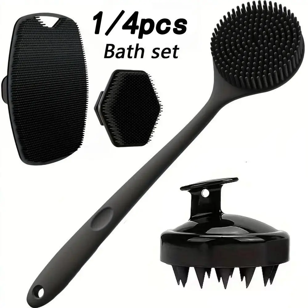 4 Pcs Shower Brush Set, Body Care Tool, Frosted Long-Handle Body Brush for Showering with Silicone Soft Bristles, for Back, Body Massage, Non-Slip Grip Exfoliating Shower Scrubber, Silicone Bath Brush for Effective Skin Cleansing and Dead Skin Removal
