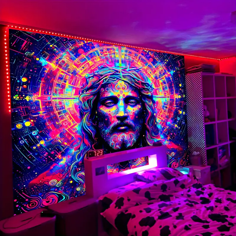 1 Piece Large UV Reactive Glow in the Dark Blacklight Tapestry - Peel and Stick Cotton Fabric Horizontal Wall Hanging, Custom Printing Spooky Skeleton Decor, Home Aesthetic Accessory, Outdoor Wall Banner Gift bedroom decor cool stuff for room