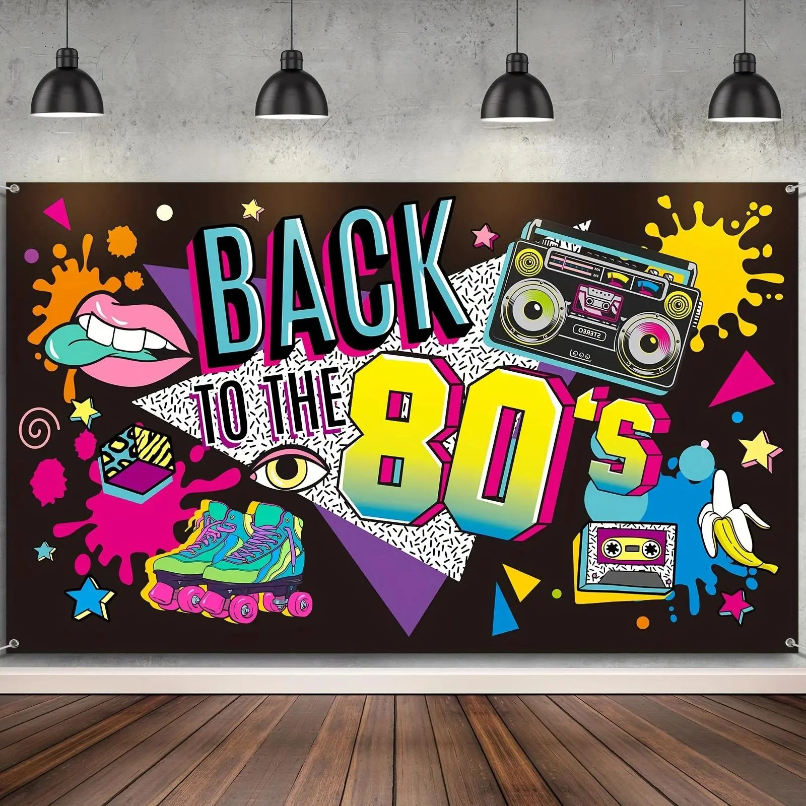 Retro 80s Theme Party Backdrop Background Cloth, Vintage Style Tapestry Wall Hanging Photography Background Premium Polyester Fabric, Living Room Decor, Bedroom Wall Art, Party Event Setup, Photo Studio Background