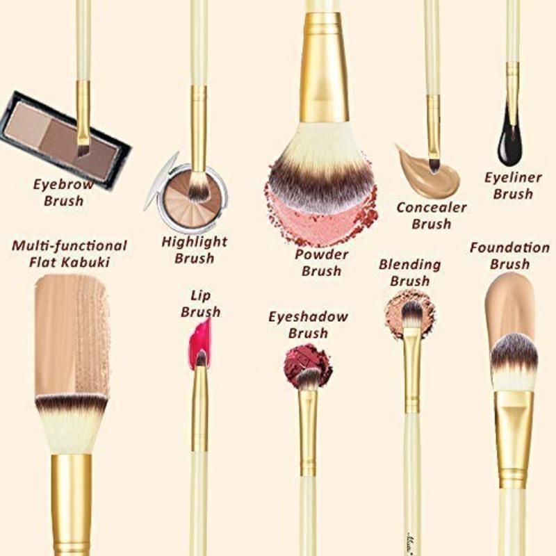 Makeup Brushes 10Piece Golden Makeup Brush Set with Foundation Powder Mineral Eye Face Make Up Brushes Holder