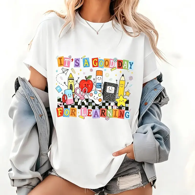 It's A Good Day For Learning Graphic T-Shirt, Cute Teacher Shirt, Back To School Tee, Educational Cartoon Print Shirt, Classroom Teacher Gift, School Counselor Shirt, Colorful Learning Theme Casual Cotton Top