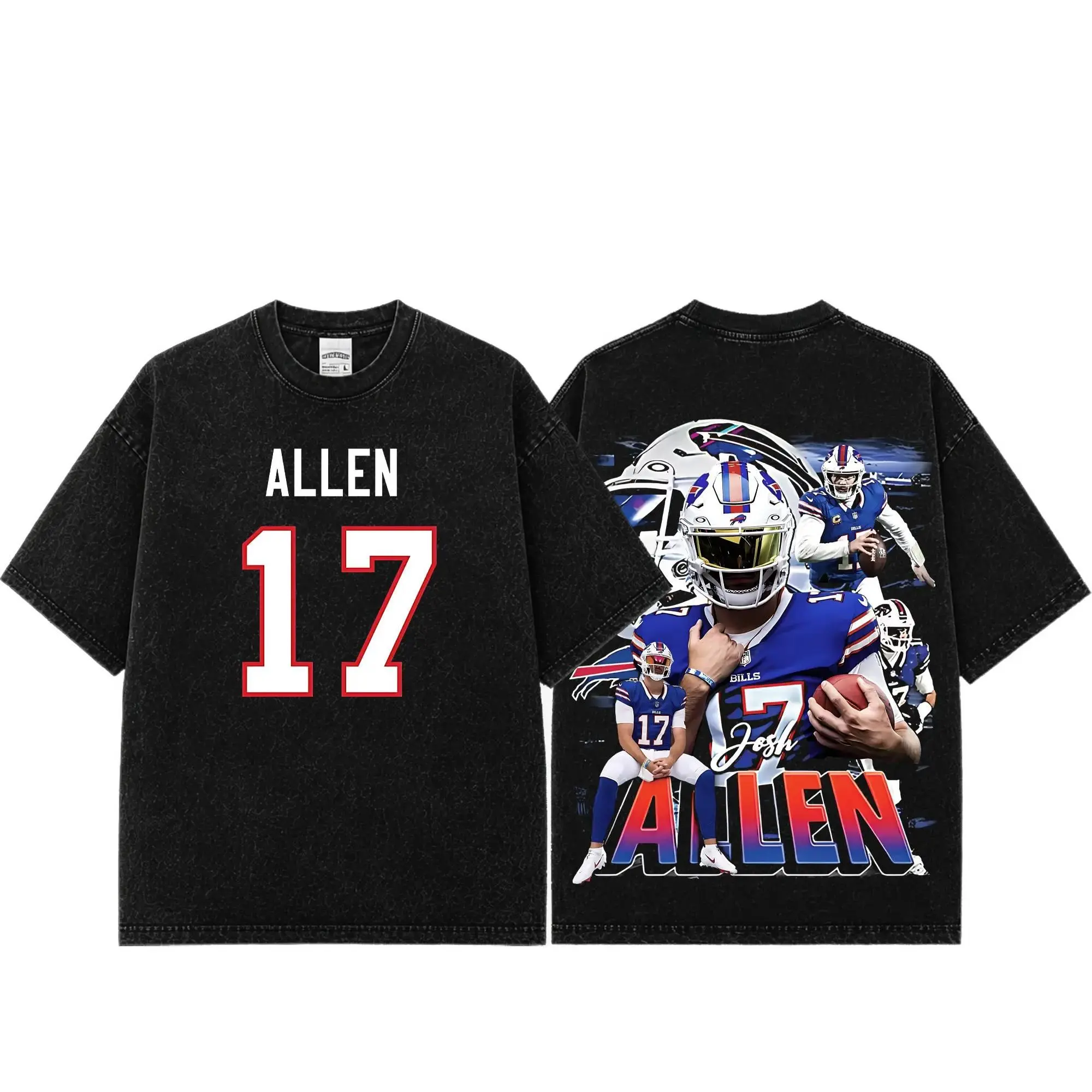 Unisex Josh Allen # 17 Premium Acid Washed Cotton T-Shirt (Made in USA), Heavyweight Vintage Graphic Tee, Bills Nation Football Shirt, Oversized Washed Streetwear Tee, Distressed Acid Wash T-Shirt, Game Day Football Apparel, Unisex Football Fan Gift