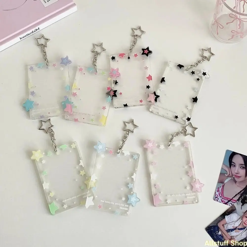 Pastel Star Clear Acrylic Photocard Holder with Star Keychain Cute Kpop Idol Photo Card Protector Sleeve homeessentials