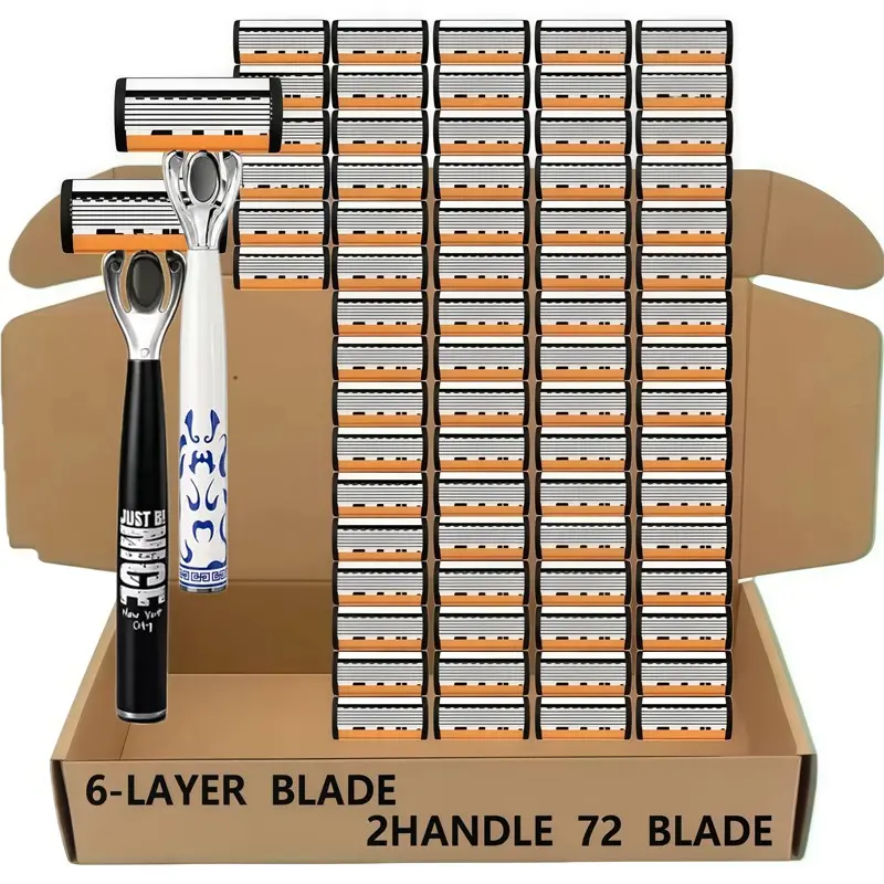 Manual Razor Set with 2 Handles and 72 Replacement Blades, Six-Layer Stainless Steel, for Men and Women, All Skin Types, Gift Idea