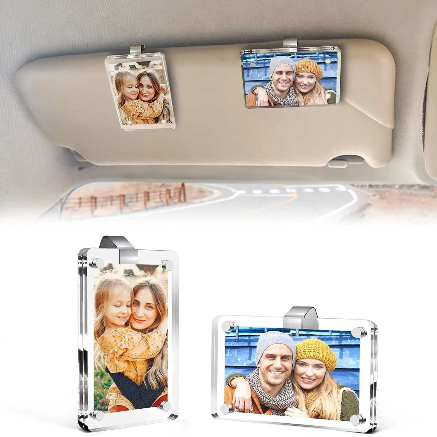 2 Pack  Picture Holder, 2.4 x 3.5 Inch   Photo Frame Fits 3'' Photos with Nano Adhesive Clip, Sun Visor Photo Holder for Family Pictures, Travel Souvenirs,  Accessories
