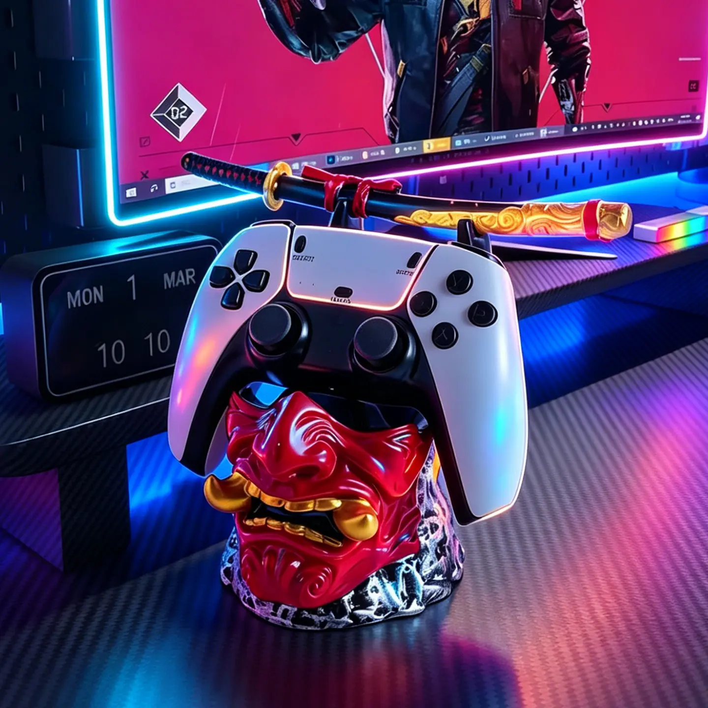1pc Samurai Demon Mask Controller Stand with Katana, Universal Gamepad Holder Compatible with PS5/PS4/Xbox/Switch Pro Controllers, Dark Gothic Gaming Desk Decor, Gamer Room Desktop Organizer, Halloween Christmas Birthday Gift for Men Boyfriend