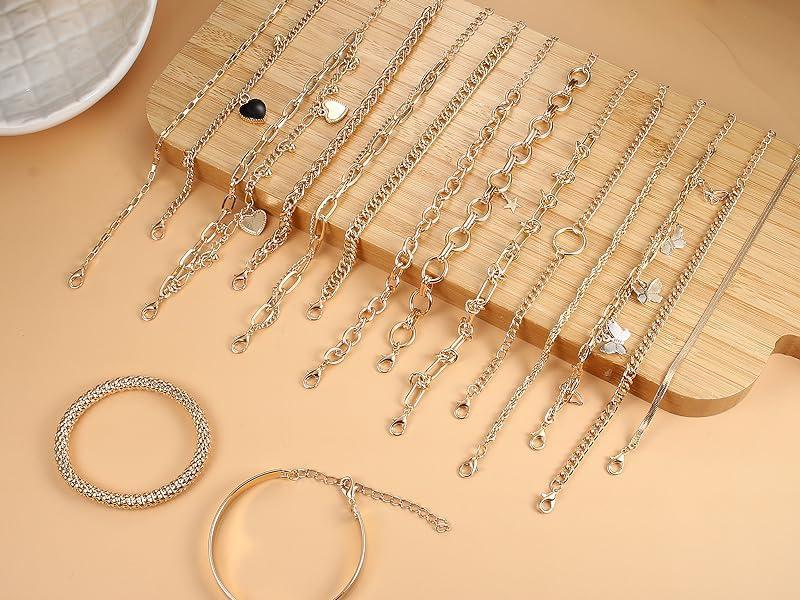 Jstyle 25 Pcs Bracelet And Rings Set For Women Stack Stackable Chain Silver Golden Plated Filled Bracelet Pack Chunky Adjustable Statement Large Ring Layered Dainty Simple Bracelets And Rings Jewelry Daily