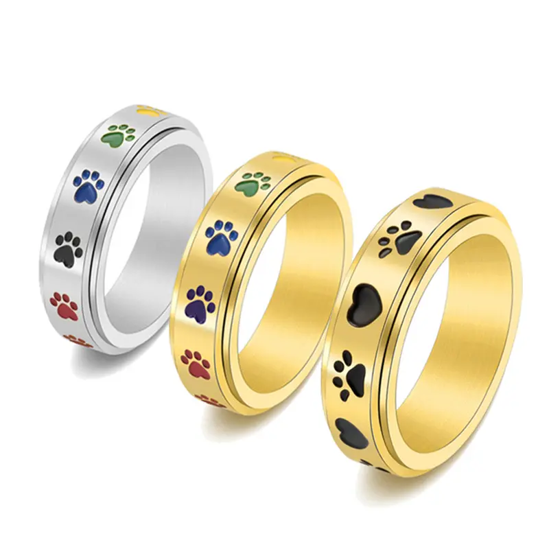 Female Stainless Steel Rainbow Heart Dog Paw Print Rotating Spinner Ring, 6-Color Options, Stackable Daily Wear Costume Jewelry, Pet Lover Gift, Rotating Ring