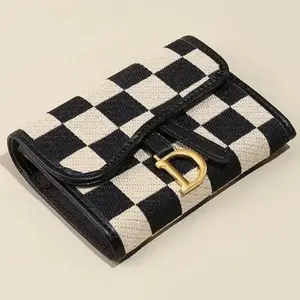 Women's Fashion Checkerboard Pattern Credit Card Holder, Casual D-Ring Wallet, Trendy Short Wallet, Daily Use Card Organizer