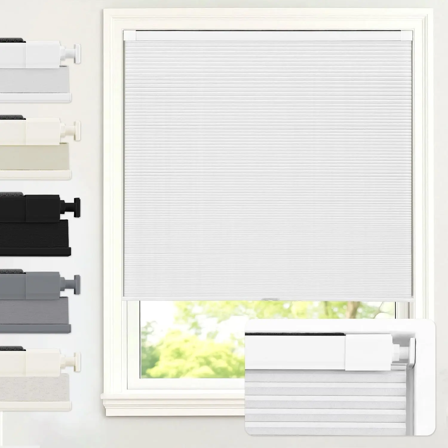 No Drill Cordless Blackout Cellular Shades, 34" W x 48" H, White | No Tools Honeycomb Blinds for Indoor Windows, Free-Stop Blackout Shades for Home, Thermal Insulated, Noise Reducing