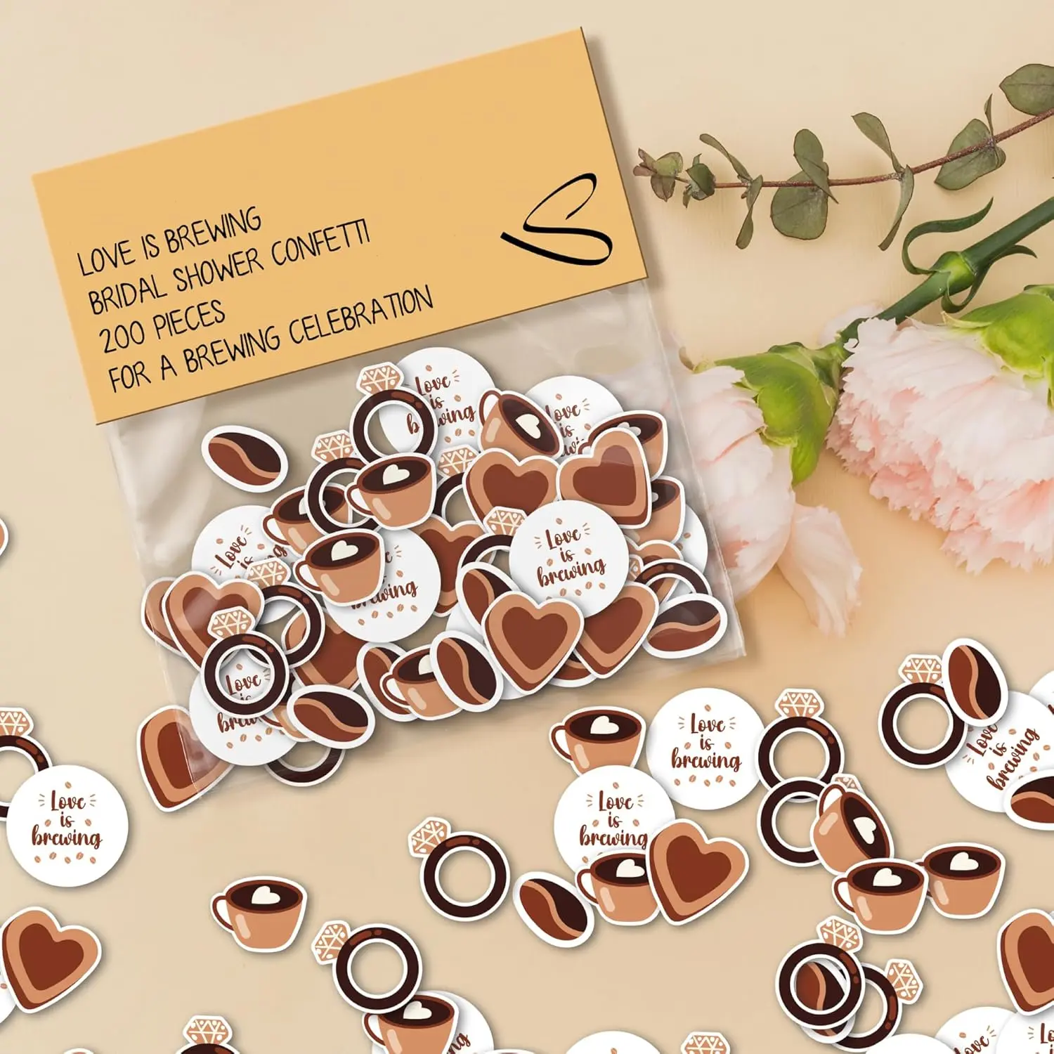 Love Is Brewing Modern Confetti Set - 200-Count 5 Shapes Table Decoration, Coffee Themed Bridal Shower Decor, Star Sprays Confetti & Streamers Party Favor
