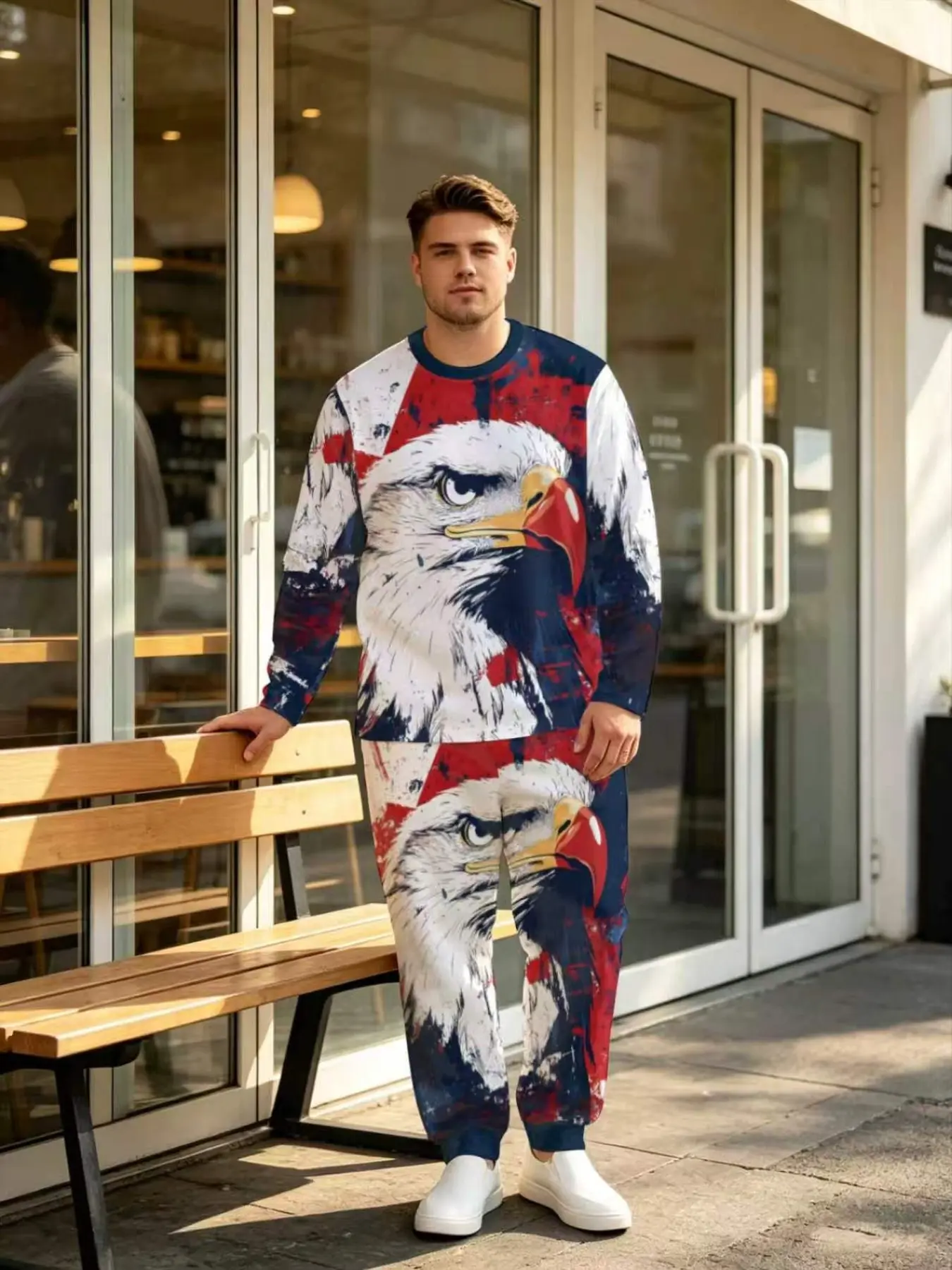 Men's American Flag Eagle Print Long Sleeve Sweatshirt and Pants Set, Casual Streetwear, Patriotic Style, All Seasons