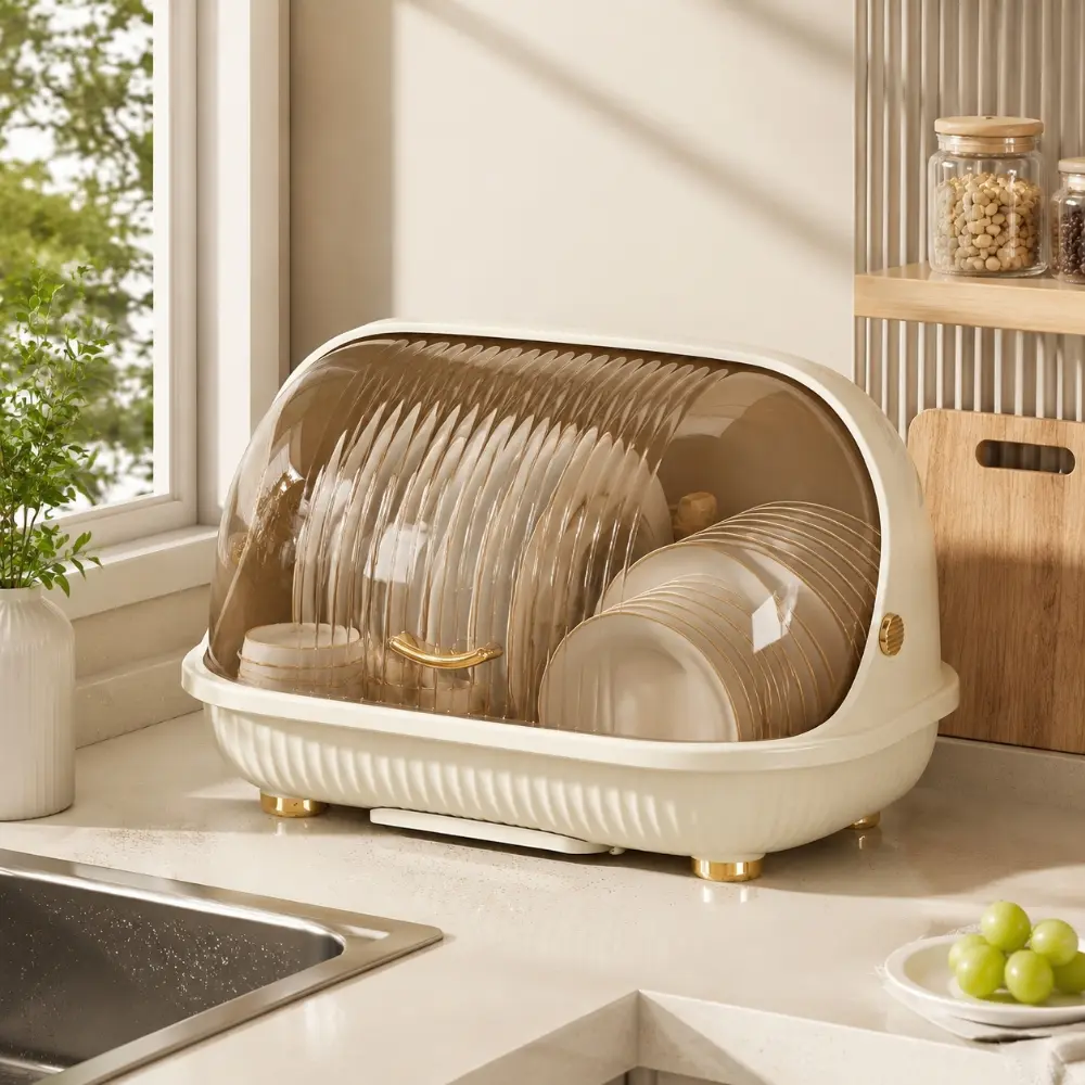 Big Dust‑proof Covered Dish‑draining Rack, Countertop & Cabinet Tableware Holder, All‑in‑one Storage Box for Bowls Plates Chopsticks, Kitchen Household Organizer
