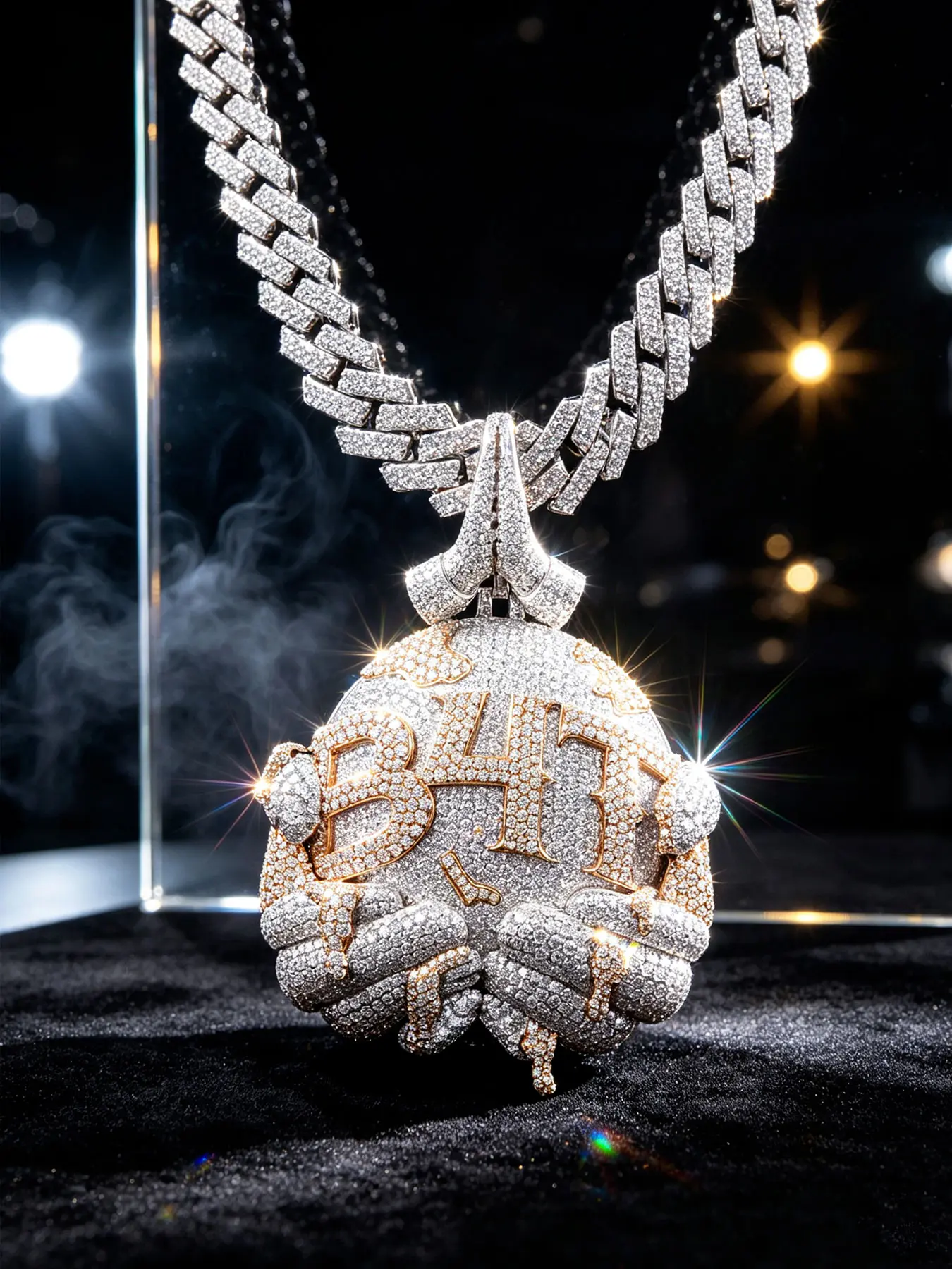 Holding The B4T Letter Pendant with Both Hands, It Can Be Paired with A Cuban Chain with Two Tone Inlaid Full Diamond Charm. The Fashionable Rapper's Shiny Necklace Is Suitable for Men's Sets