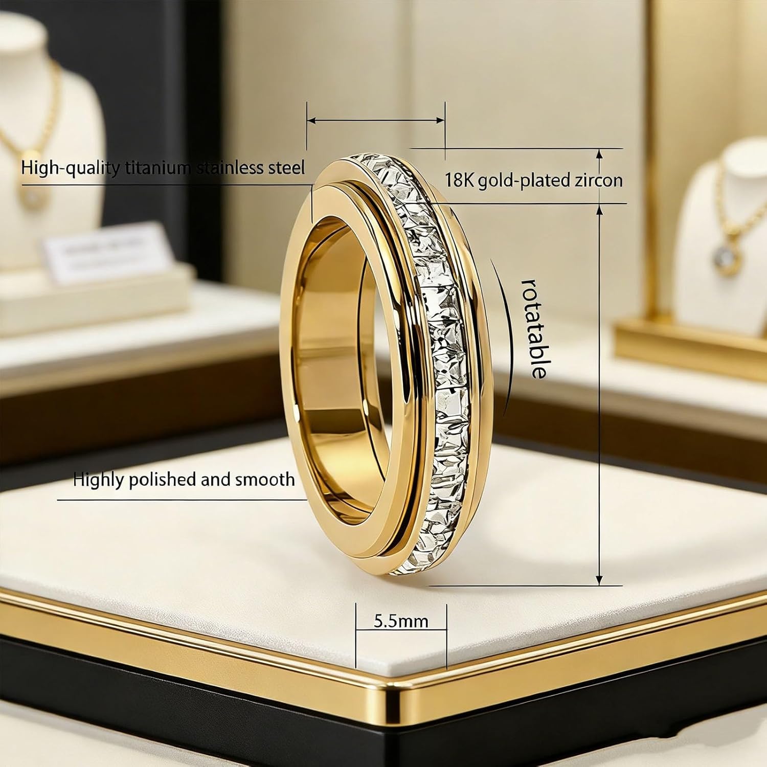 Titanium Steel Spinner Ring, Cubic Zirconia Eternity Band Fidget Ring for Women Men, Rotatable Anxiety Relief Ring with Sizes 5-10(Silver,9)